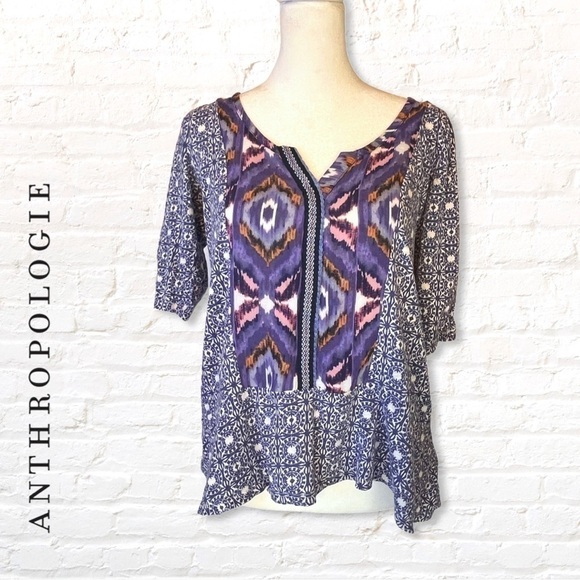 Anthropologie Akemi + Kim Ikat Kaleidoscope Blouse Size Medium Blue Boho Top - Picture 2 of 10